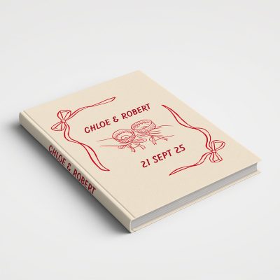 Wedding Album — Whimsical Champagne Glasses Illustration Cover Design, Beige & Cherry Red