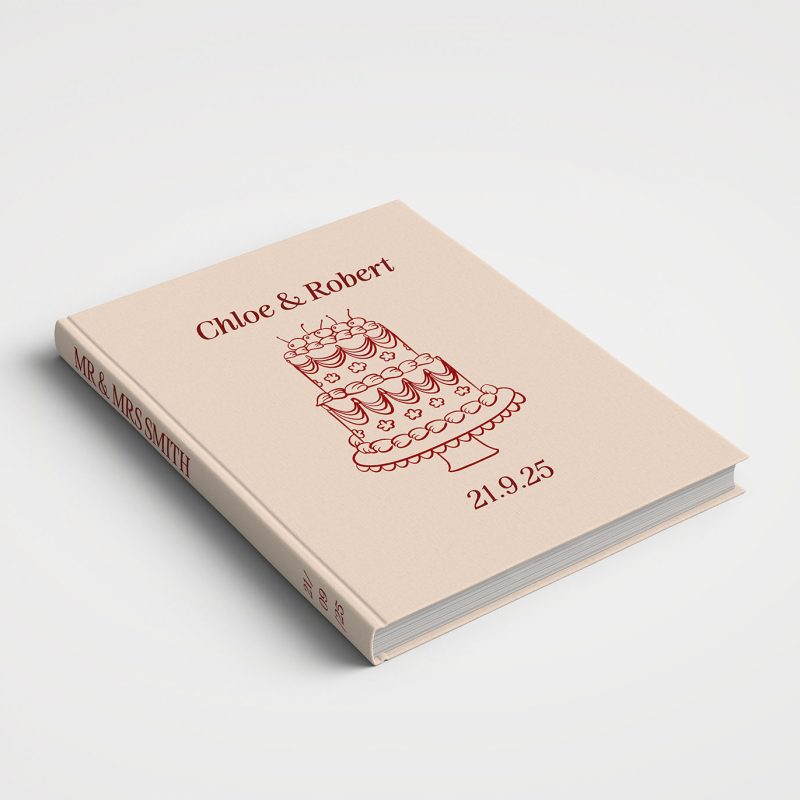 Wedding Album Printed Covers - Whimsical Wedding Cake Illustration Natural Tones & Deep Red