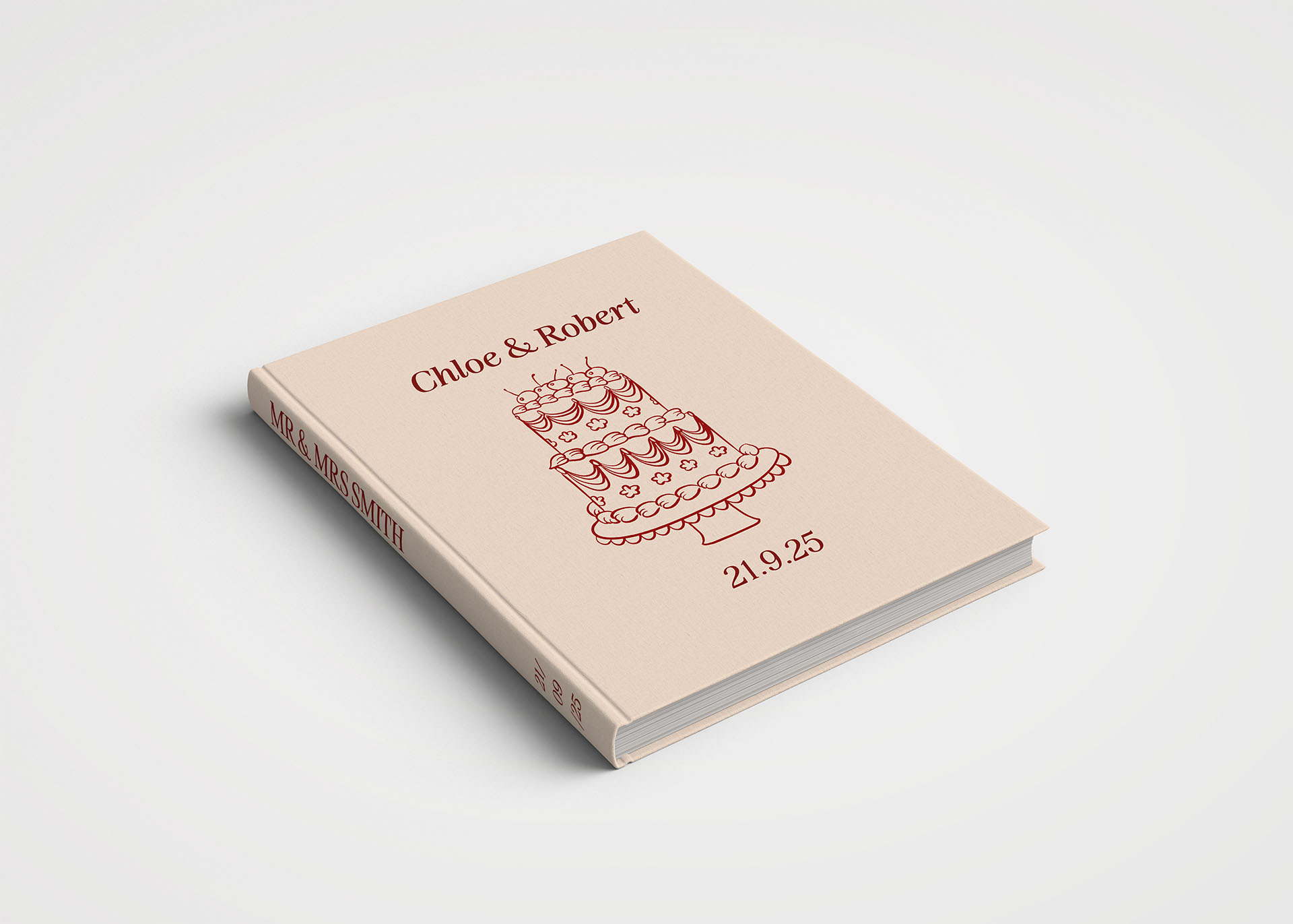 Wedding Album Printed Covers - Whimsical Wedding Cake Illustration Natural Tones & Deep Red