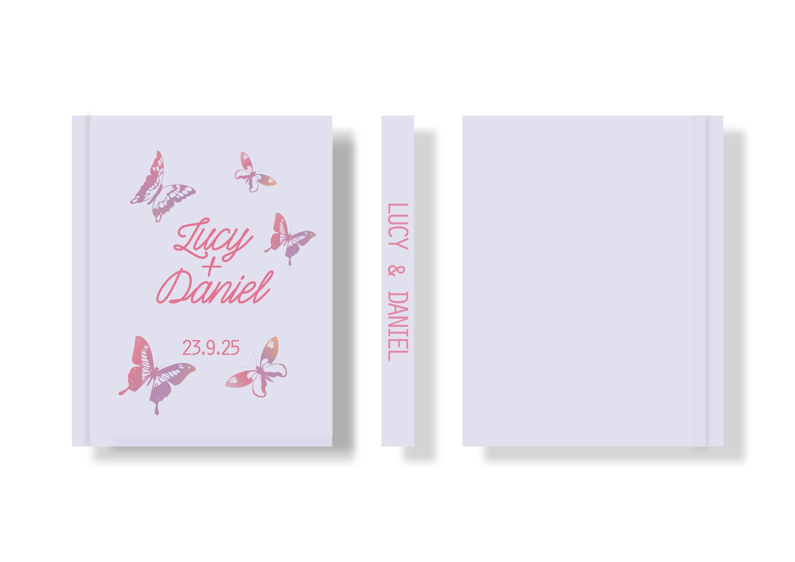 A whimsical wedding album with a custom printed cover featuring a butterfly design in shades of lilac, mauve and pink