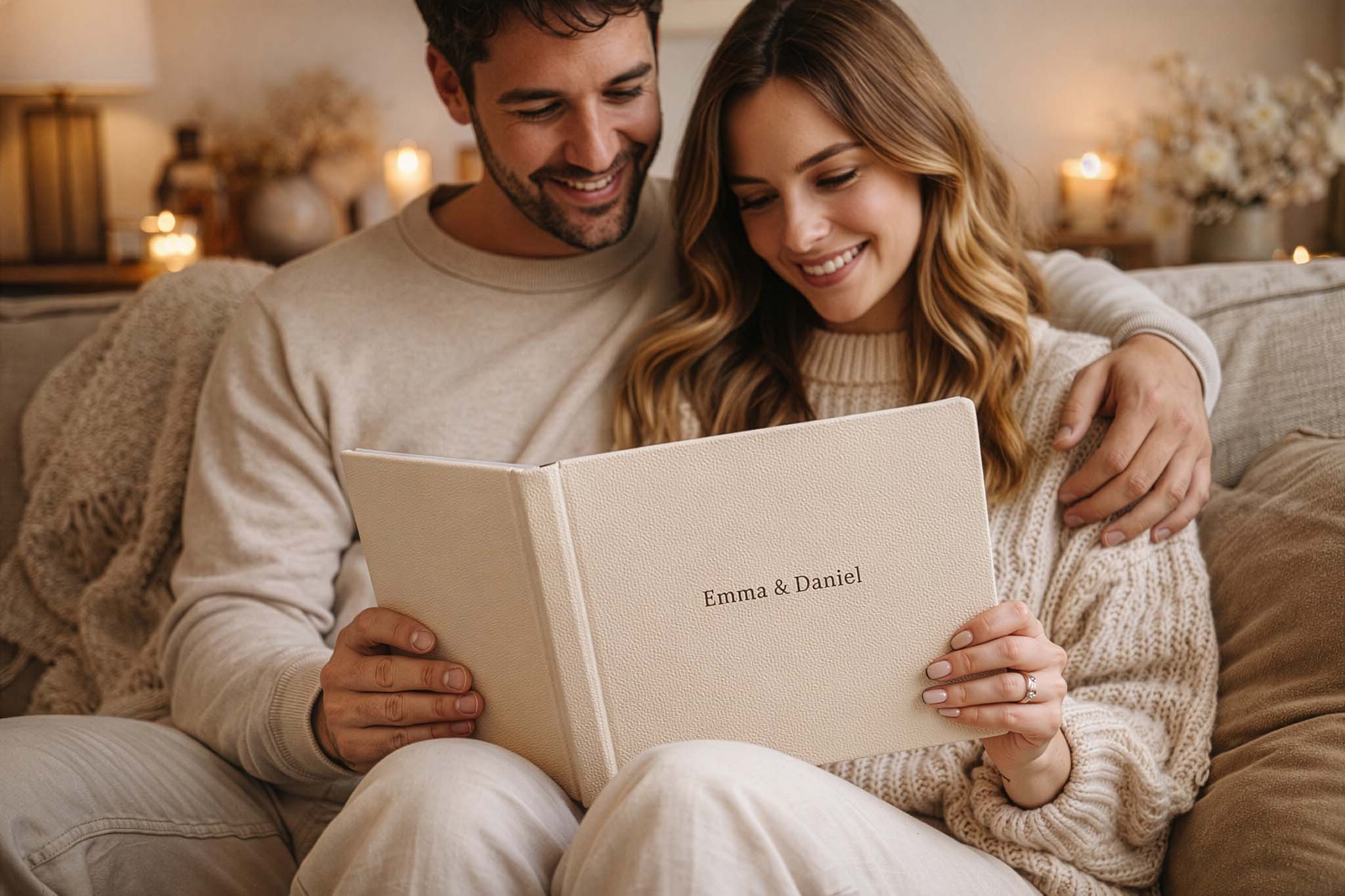 Tactile Nostalgia - Couple Admiring Their Personalised Leather Wedding Album for Neutral Aesthtic