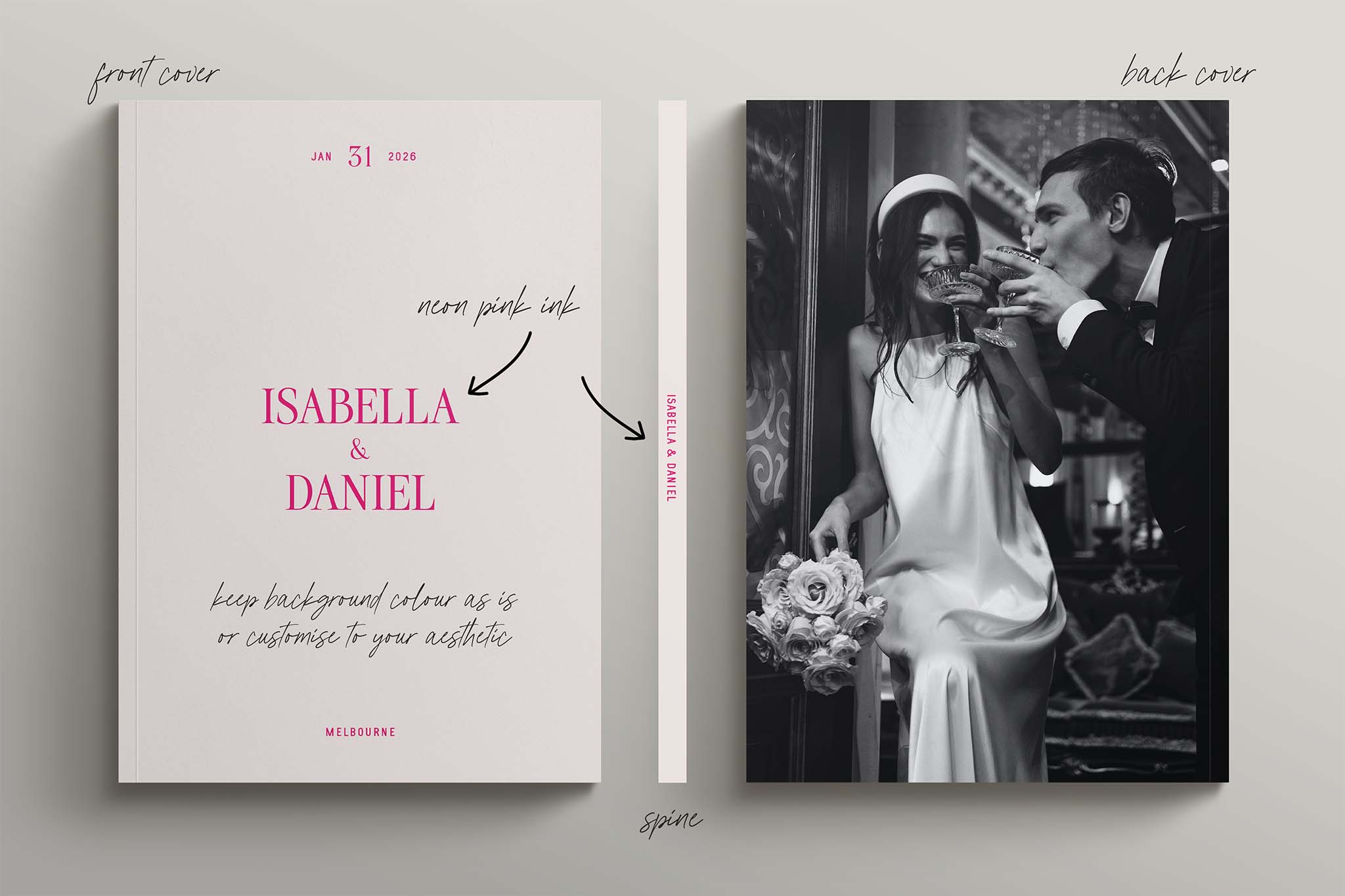 Wedding Magazine - Coffee Table Keepsake with Minimalist Typography Cover in Neon Pink Ink