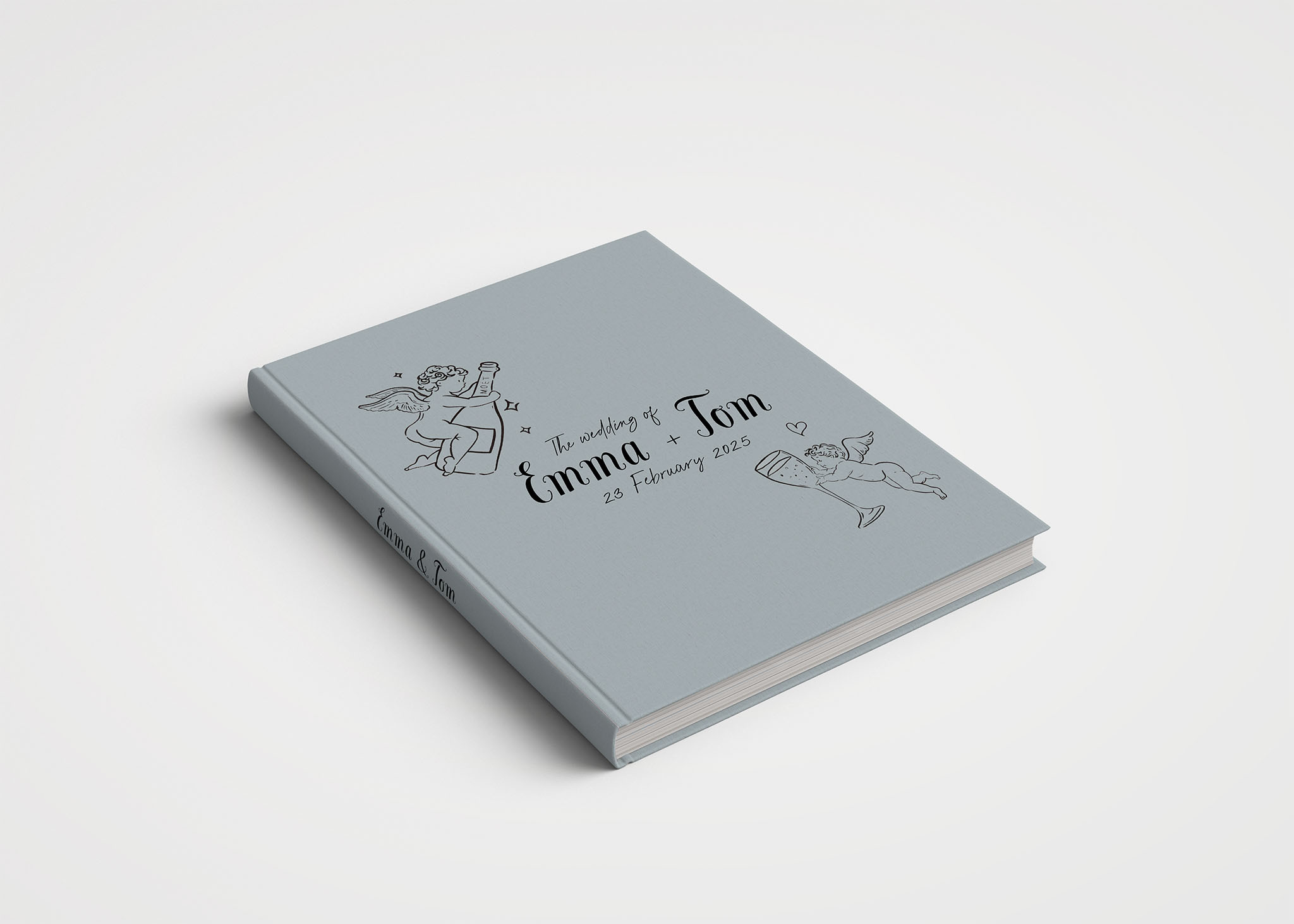 Wedding Photo Album - Printed Collection - Custom Printed Fabric Cover Cupid & Moet Champagne Illustration