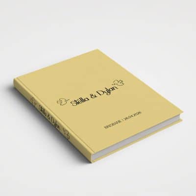 Wedding Album - Printed Collection - Butter Yellow cover with Black printing. Features your names on the front along with wedding date and a quirky illustration of 2 doves on the front and on the back an illustration of a wedding car making a dash for the hills as the wedding day comes to a close just like the album.