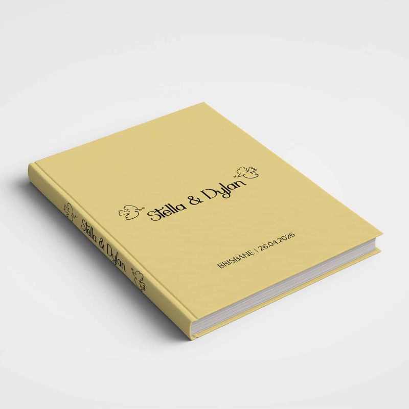 Wedding Album - Printed Collection - Butter Yellow cover with Black printing. Features your names on the front along with wedding date and a quirky illustration of 2 doves on the front and on the back an illustration of a wedding car making a dash for the hills as the wedding day comes to a close just like the album.