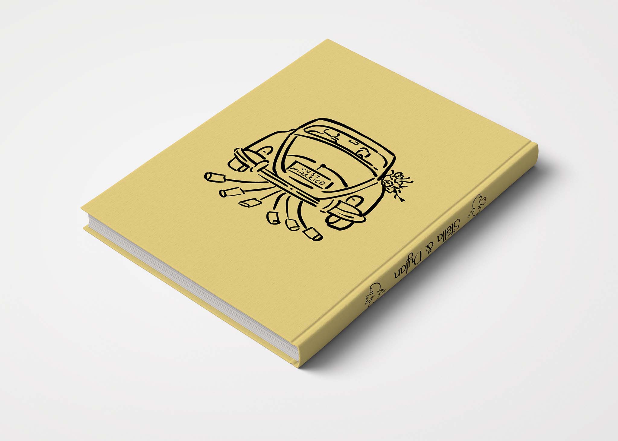 Wedding Album - Printed Collection - Butter Yellow cover with Black printing. Features your names on the front along with wedding date and a quirky illustration of 2 doves on the front and on the back an illustration of a wedding car making a dash for the hills as the wedding day comes to a close just like the album.