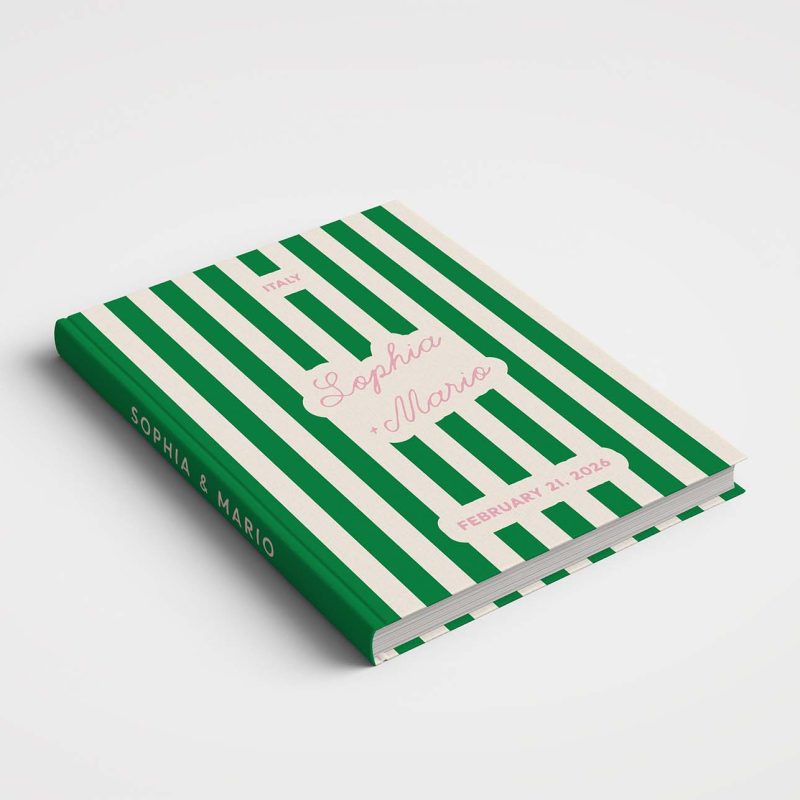 Wedding Album Printed Covers - Riviera Wedding Collection - NAPOLI Green & Cream Stripes with pink typography