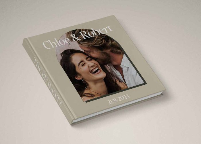 Luxe Wedding Photo Album with fun creative cover with Feature Image In Modern Arch Frame