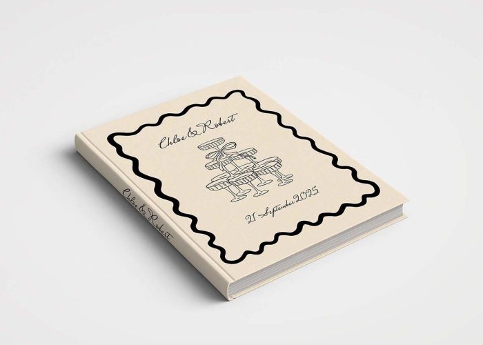 Wedding Album with Printed Fabric Cover - Designs include a range of illustrations with a wedding cake, champagne glasses toasting congratulations and more