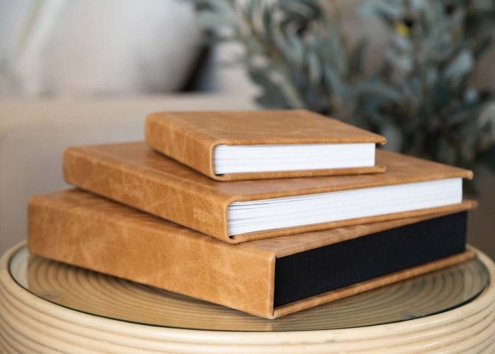 Australia's Best Photo Albums. Wedding Photo Album with a Premium Leather cover in a warm caramel colour. Featuring the small, medium and large square photo album.