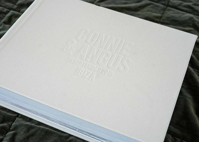 Fine Art Albums including our Wedding Photo Album Cover Leather colour White with Blind Embossed Lettering in Landscape (horizontal) format